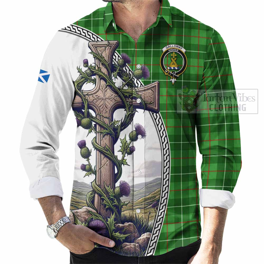 Tartan Vibes Clothing Galloway Tartan Long Sleeve Button Shirt with Family Crest and St. Andrew's Cross Accented by Thistle Vines