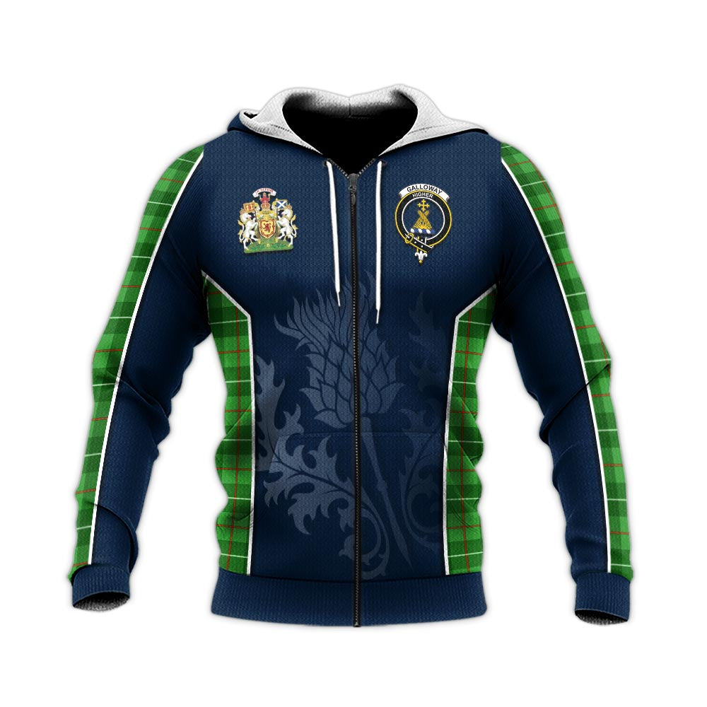 Tartan Vibes Clothing Galloway Tartan Knitted Hoodie with Family Crest and Scottish Thistle Vibes Sport Style