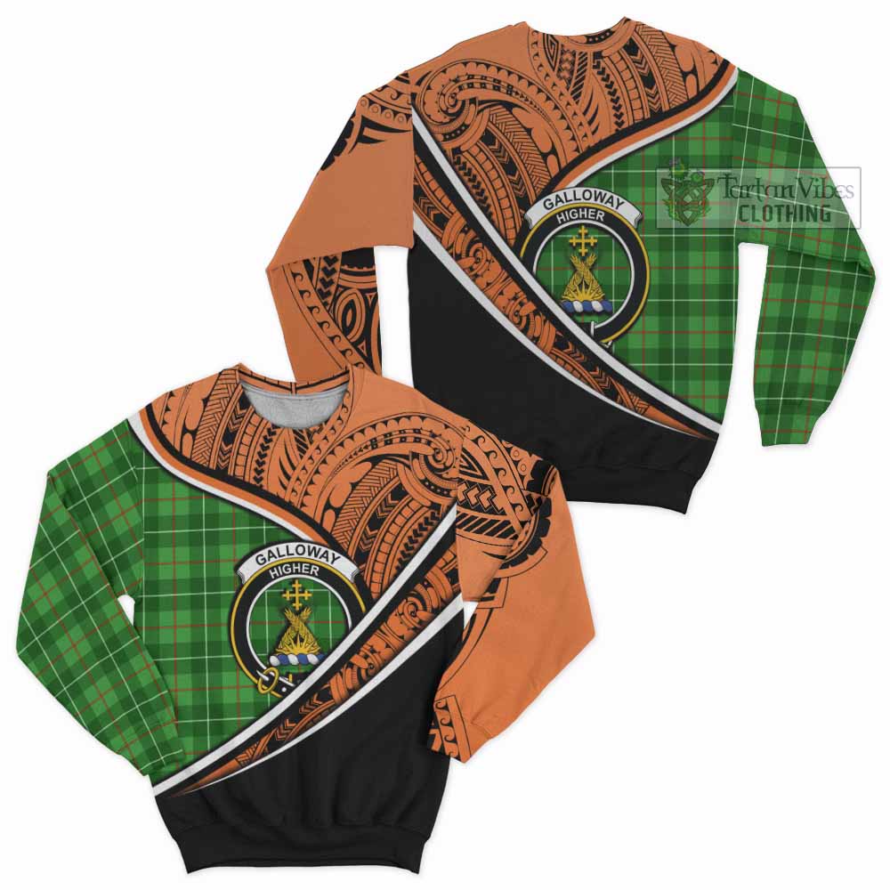 Tartan Vibes Clothing Galloway Crest Tartan Sweatshirt with Maori Tattoo Style - Orange Version