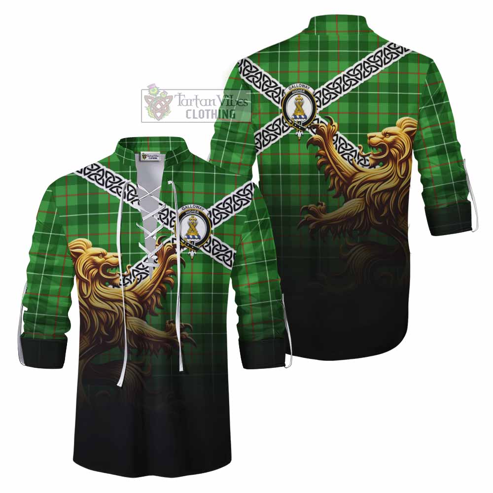 Galloway Crest Tartan Ghillie Kilt Shirt with Golden Lion Emblem Celtic Style - Tartan Vibes Clothing