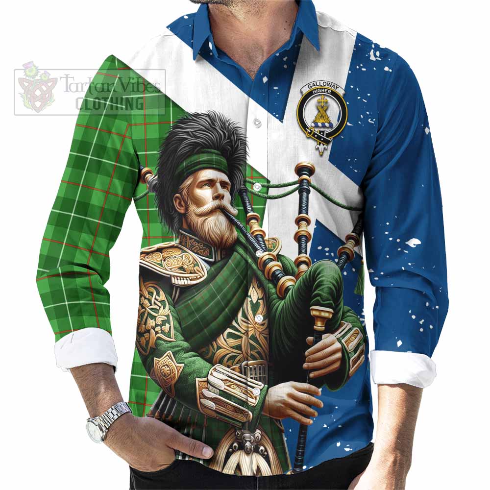 Tartan Vibes Clothing Galloway Tartan Long Sleeve Button Shirt with Family Crest Scottish Bagpiper Vibes