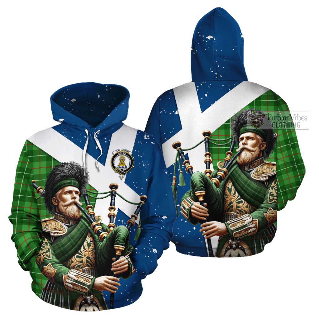 Tartan Vibes Clothing Galloway Tartan Cotton Hoodie with Family Crest Scottish Bagpiper Vibes