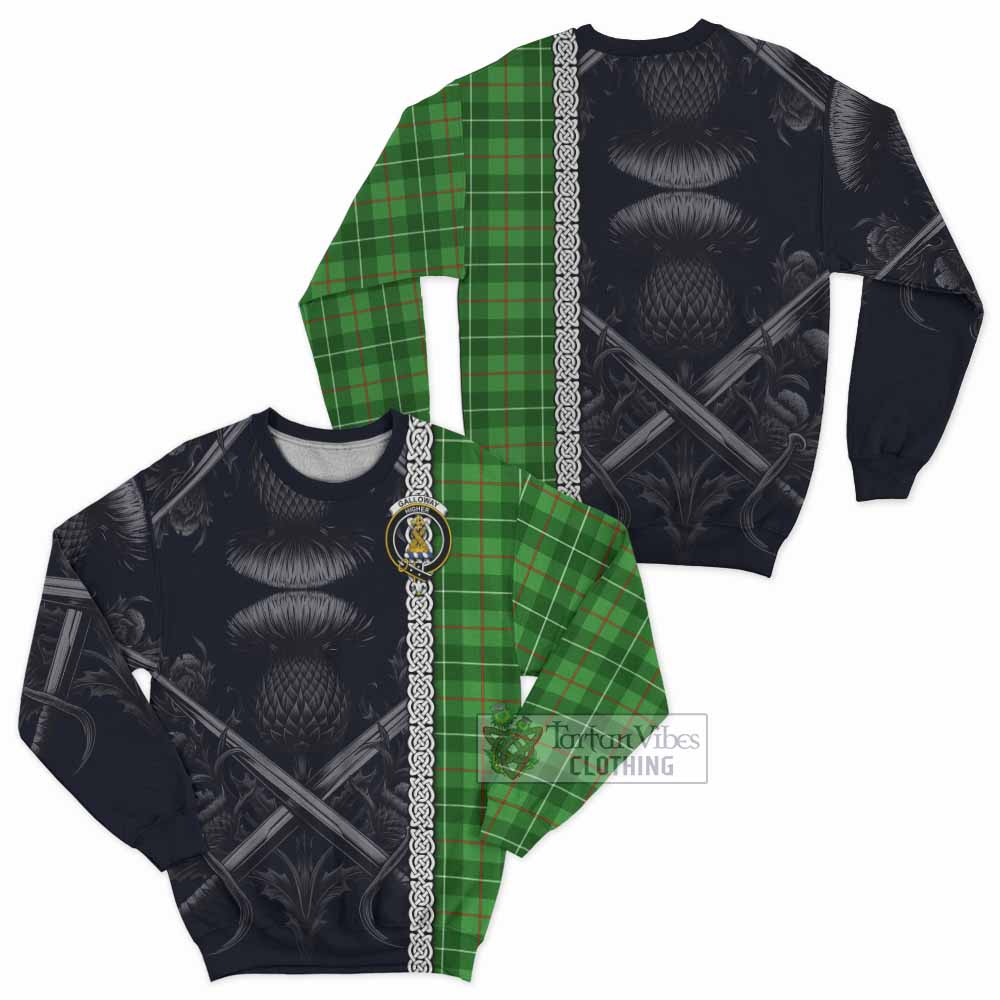 Tartan Vibes Clothing Galloway Tartan Sweatshirt with Family Crest Cross Sword Thistle Celtic Vibes