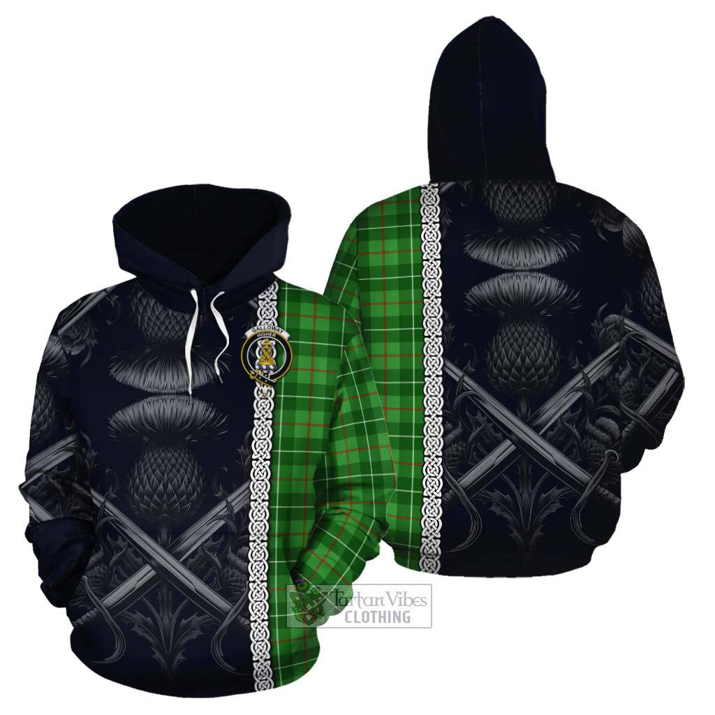 Tartan Vibes Clothing Galloway Tartan Cotton Hoodie with Family Crest Cross Sword Thistle Celtic Vibes