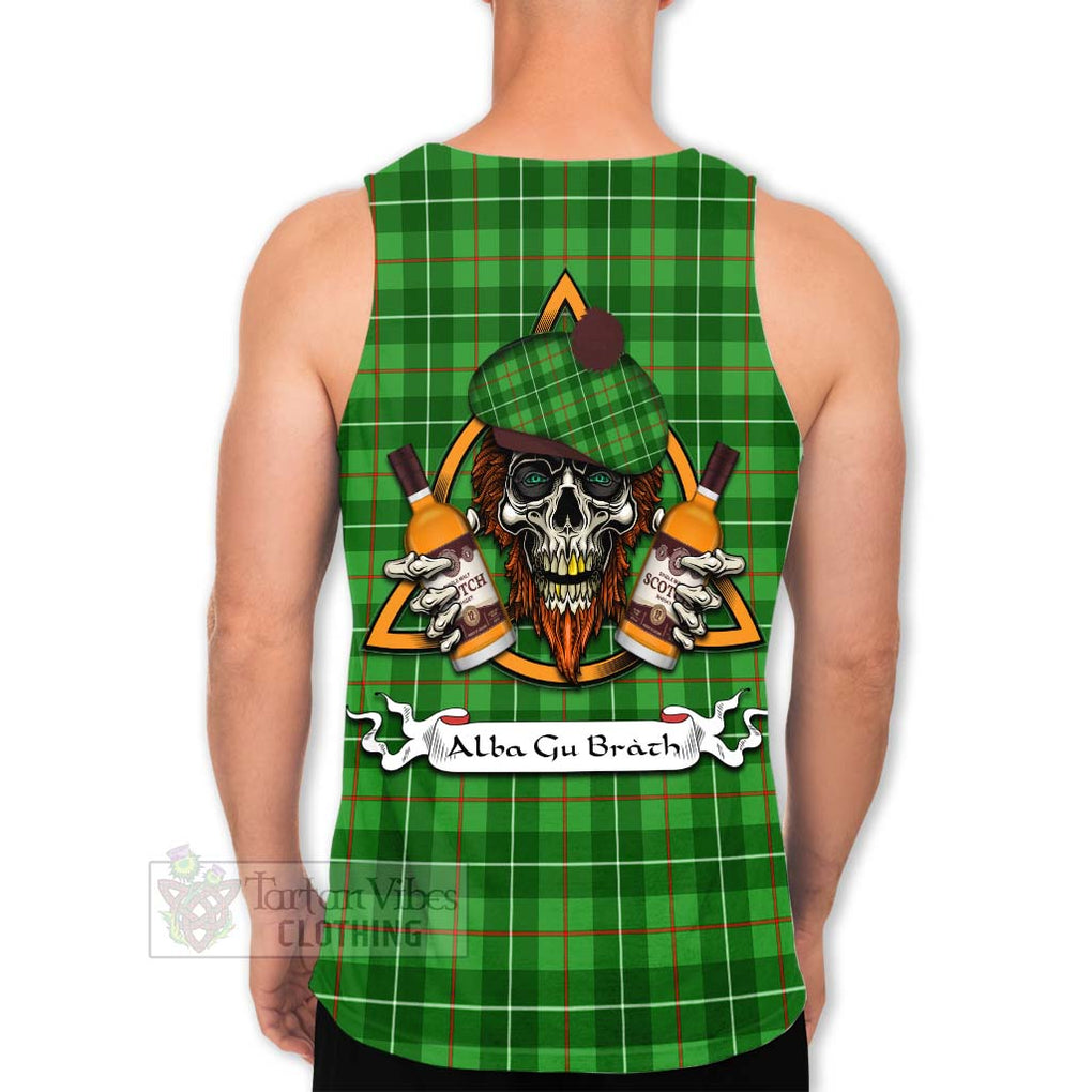 Tartan Vibes Clothing Galloway Tartan Men's Tank Top with Family Crest and Bearded Skull Holding Bottles of Whiskey