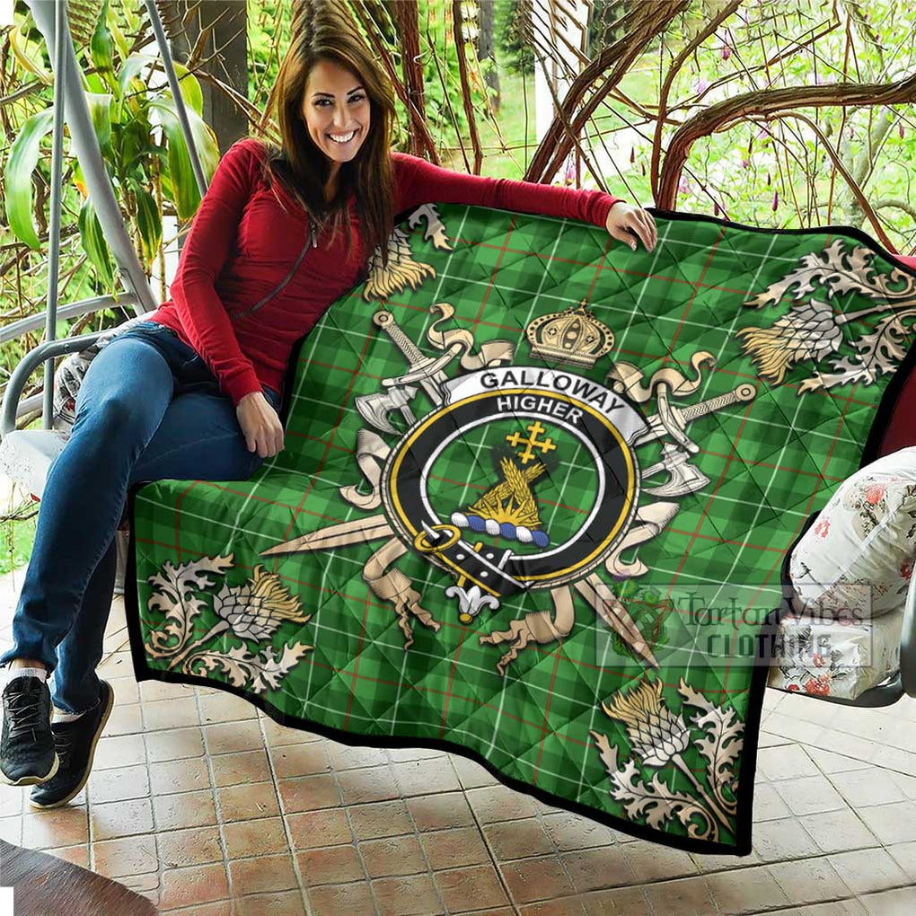 Tartan Vibes Clothing Galloway Tartan Quilt with Family Crest and Scottish Golden Courage Shield