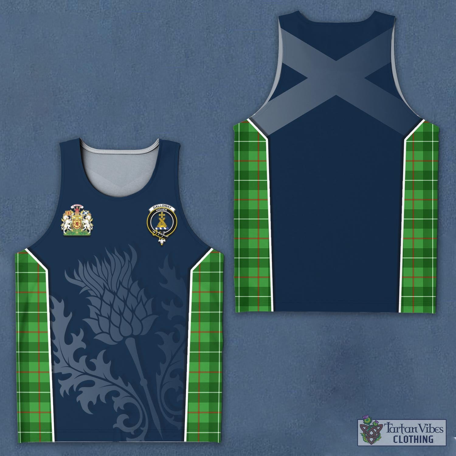 Tartan Vibes Clothing Galloway Tartan Men's Tanks Top with Family Crest and Scottish Thistle Vibes Sport Style