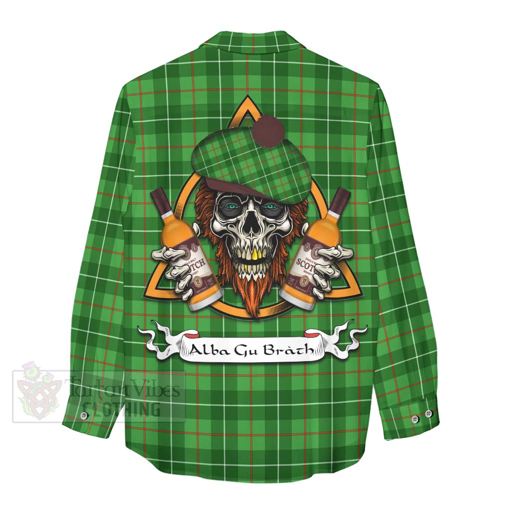 Tartan Vibes Clothing Galloway Tartan Women's Casual Shirt with Family Crest and Bearded Skull Holding Bottles of Whiskey