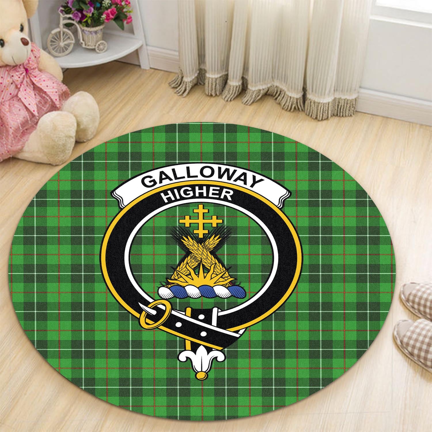 galloway-tartan-round-rug-with-family-crest