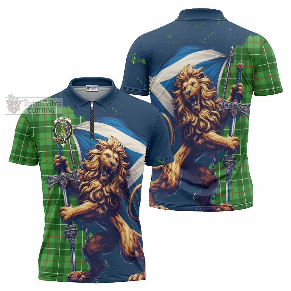 Tartan Vibes Clothing Galloway Tartan Family Crest Zipper Polo Shirt with Scottish Majestic Lion