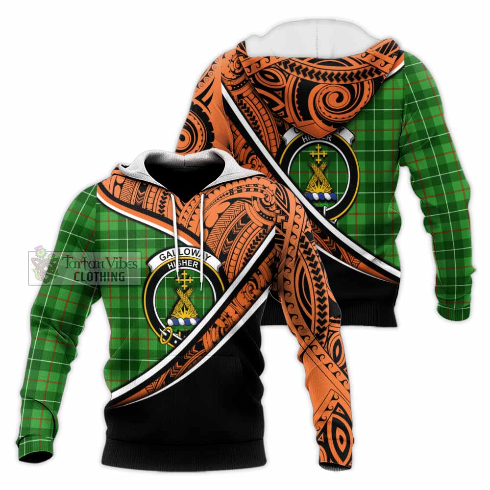 Tartan Vibes Clothing Galloway Crest Tartan Knitted Hoodie with Maori Tattoo Style - Orange Version