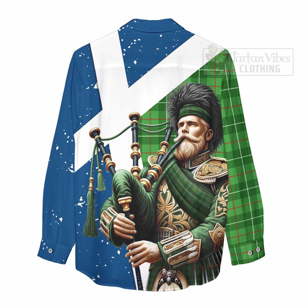 Tartan Vibes Clothing Galloway Tartan Women's Casual Shirt with Family Crest Scottish Bagpiper Vibes