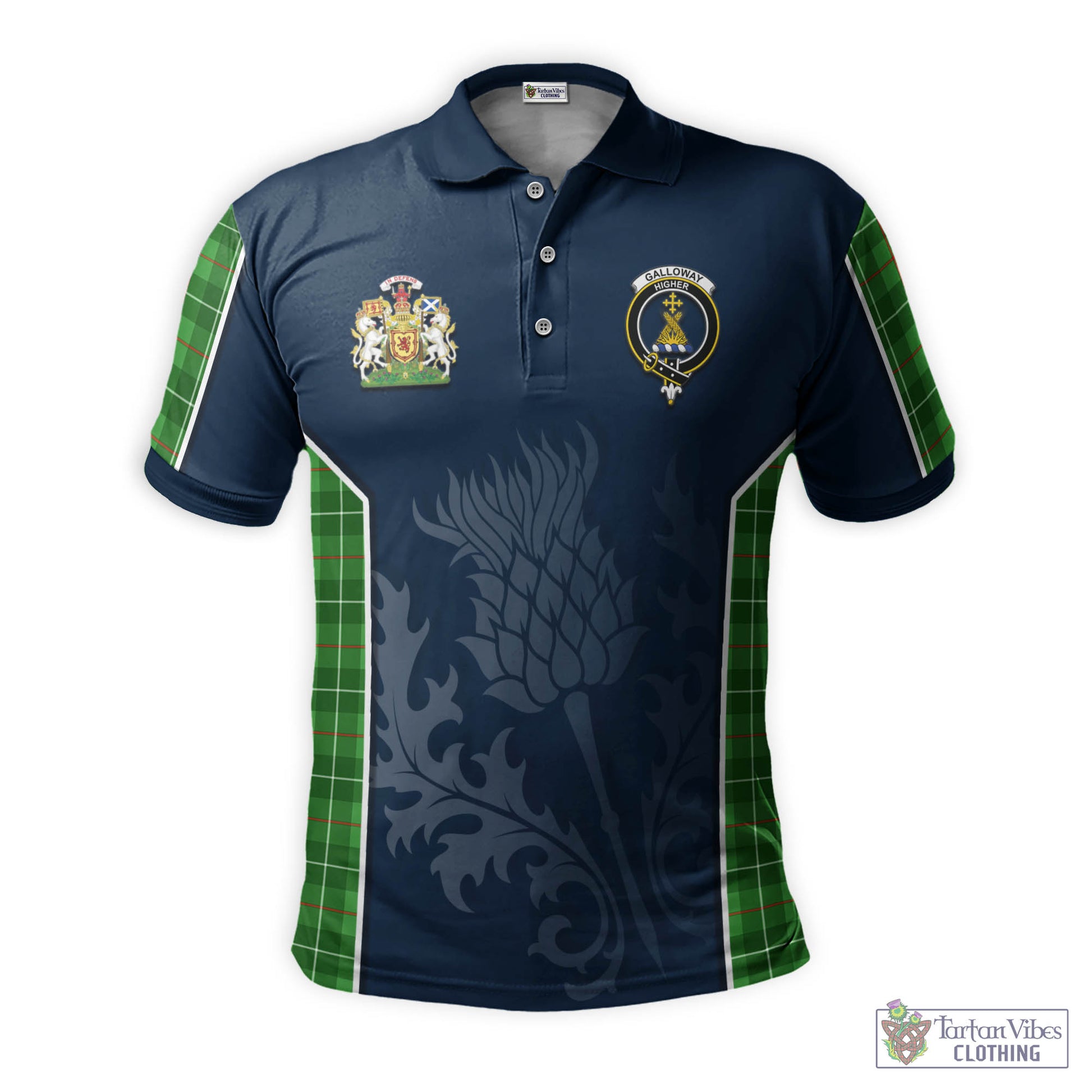 Tartan Vibes Clothing Galloway Tartan Men's Polo Shirt with Family Crest and Scottish Thistle Vibes Sport Style