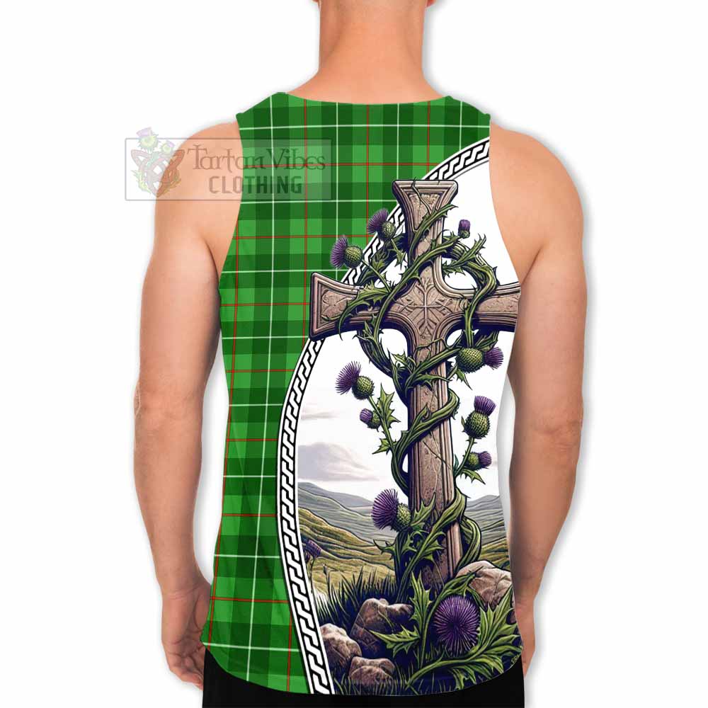 Tartan Vibes Clothing Galloway Tartan Men's Tank Top with Family Crest and St. Andrew's Cross Accented by Thistle Vines