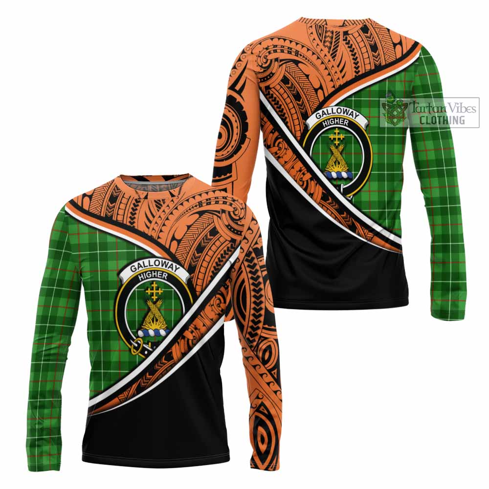 Tartan Vibes Clothing Galloway Crest Tartan Long Sleeve T-Shirt with Maori Tattoo Style - Orange Version