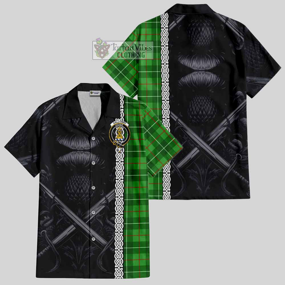 Tartan Vibes Clothing Galloway Tartan Short Sleeve Button Shirt with Family Crest Cross Sword Thistle Celtic Vibes