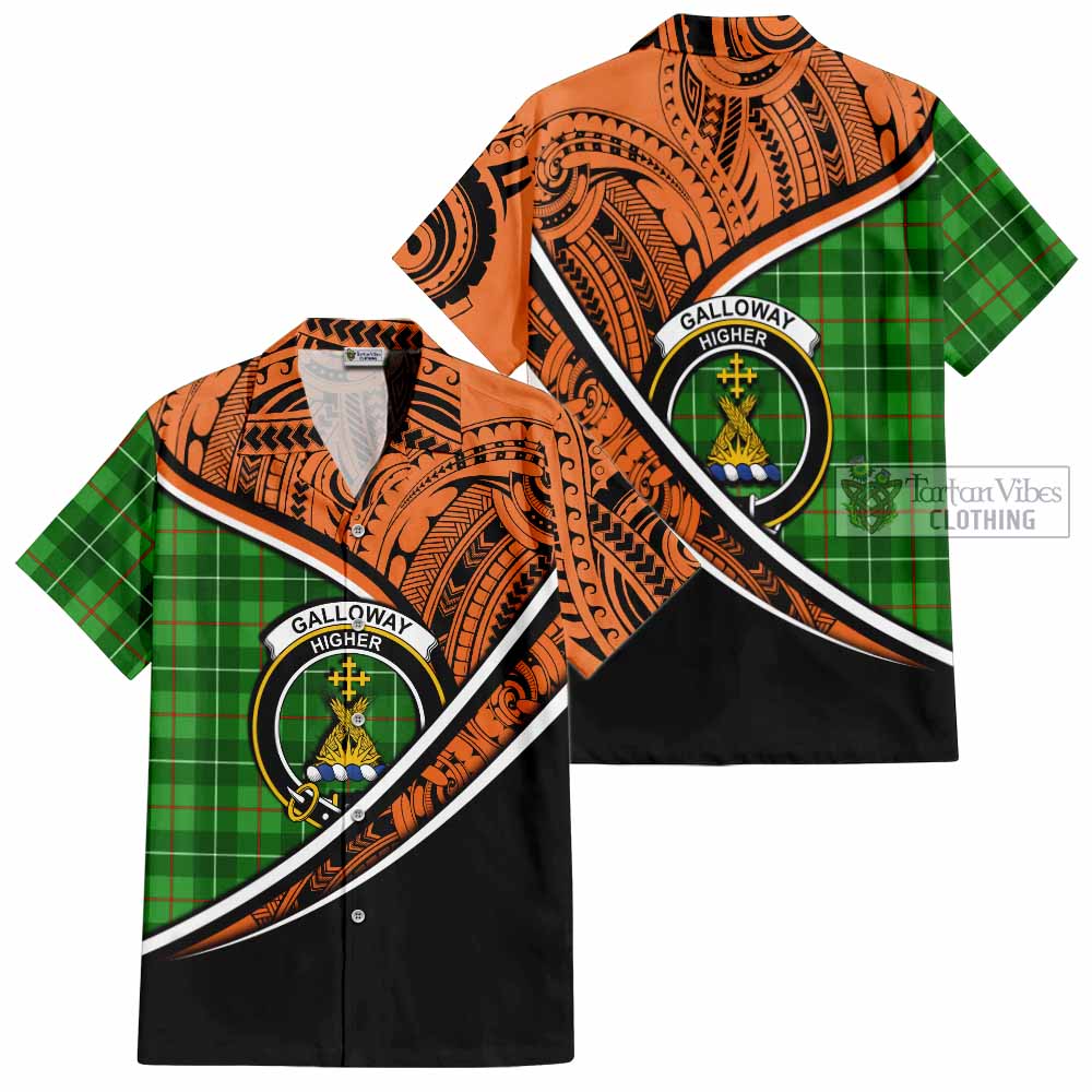 Tartan Vibes Clothing Galloway Crest Tartan Short Sleeve Button Shirt with Maori Tattoo Style - Orange Version