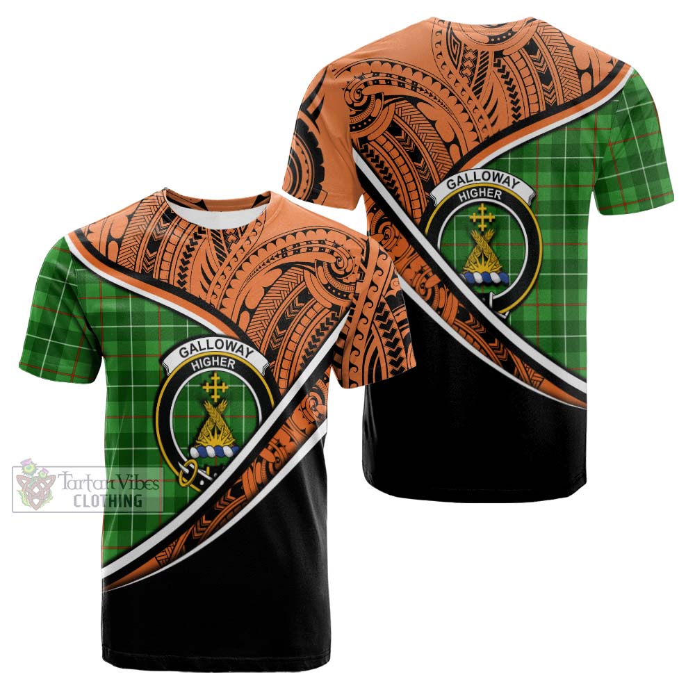 Tartan Vibes Clothing Galloway Crest Tartan Cotton T-shirt with Maori Tattoo Style - Orange Version