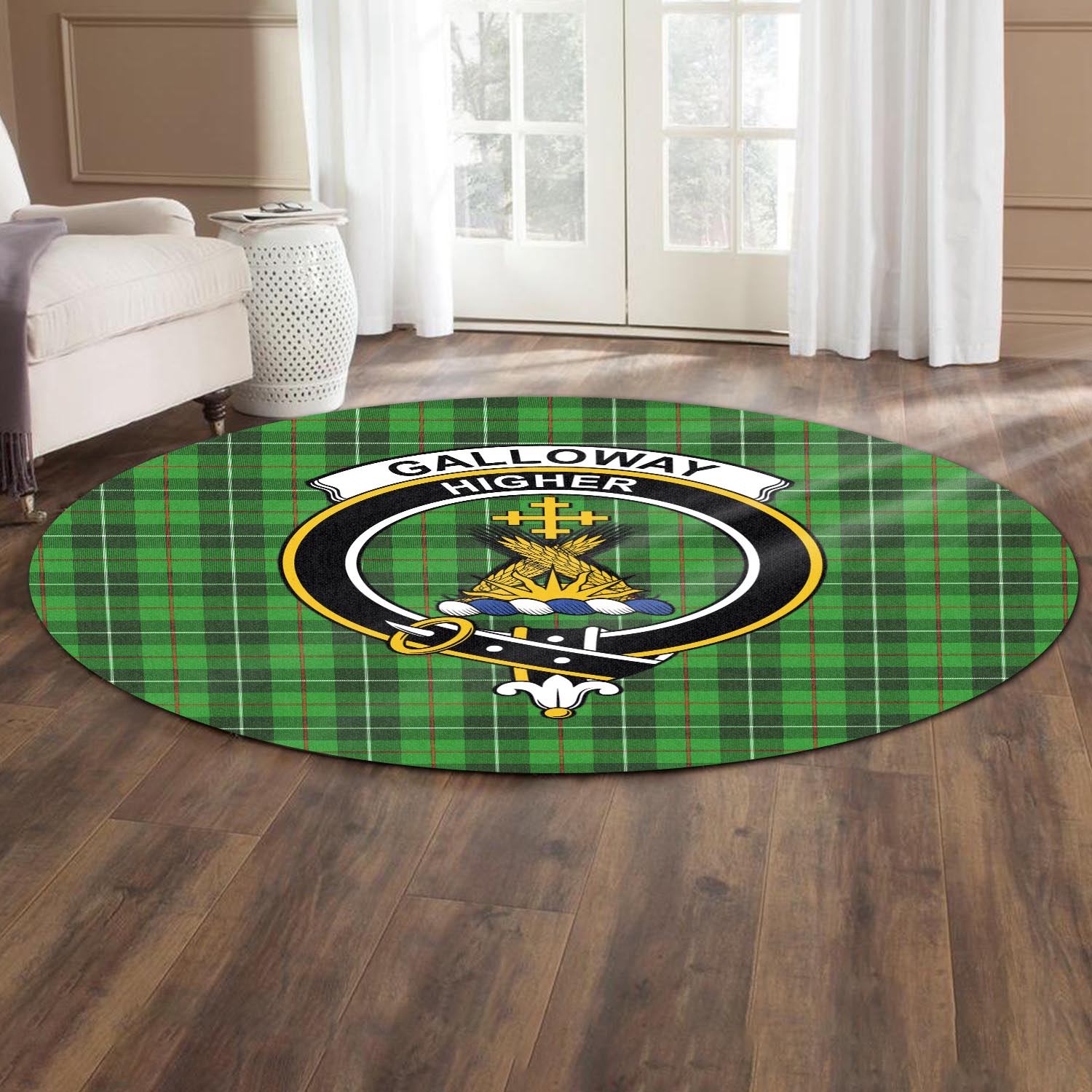 galloway-tartan-round-rug-with-family-crest