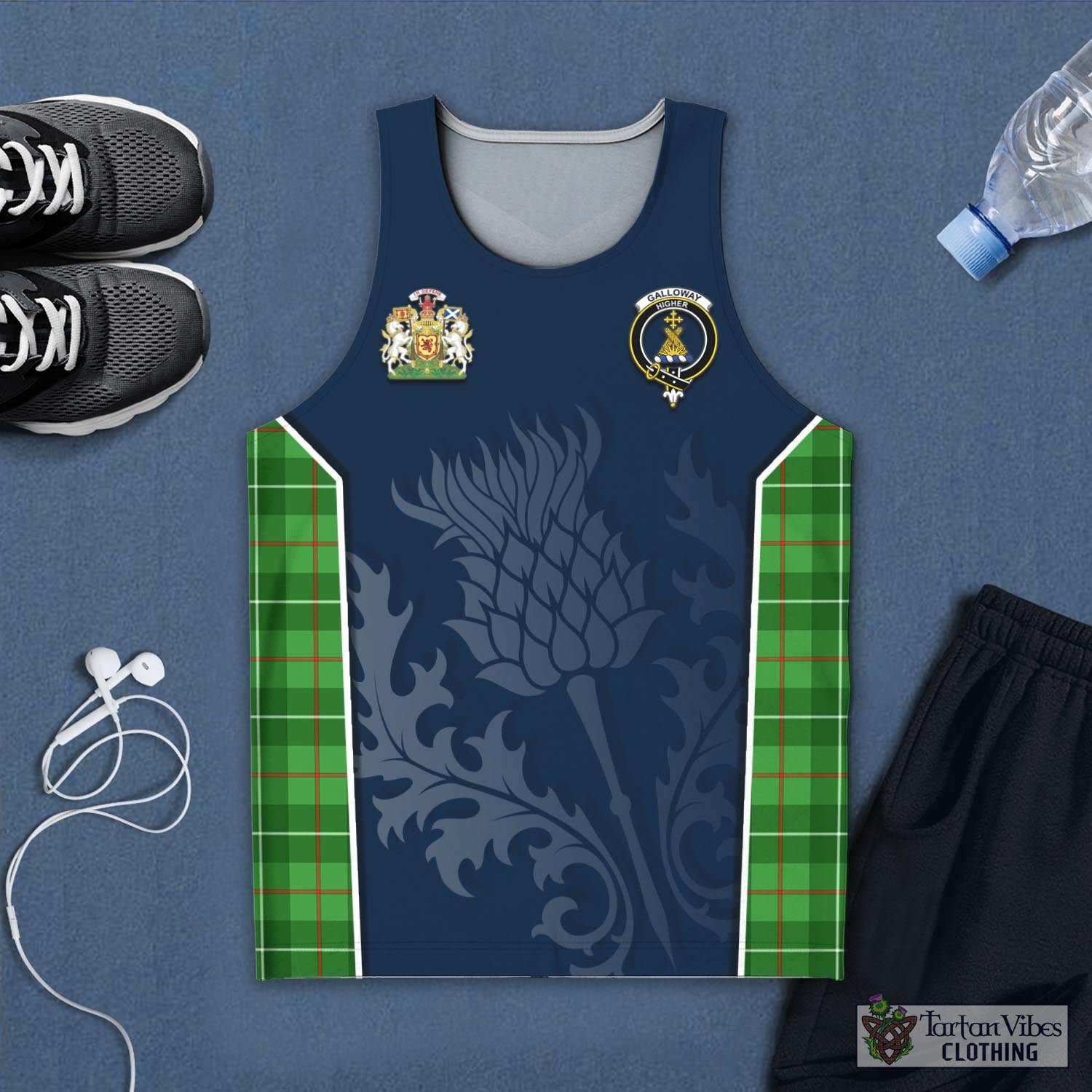 Tartan Vibes Clothing Galloway Tartan Men's Tanks Top with Family Crest and Scottish Thistle Vibes Sport Style