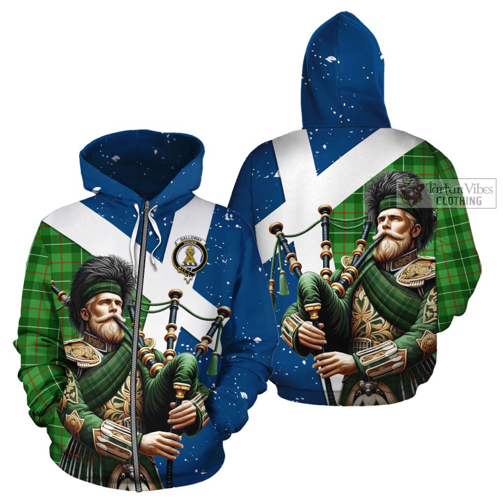 Tartan Vibes Clothing Galloway Tartan Cotton Hoodie with Family Crest Scottish Bagpiper Vibes