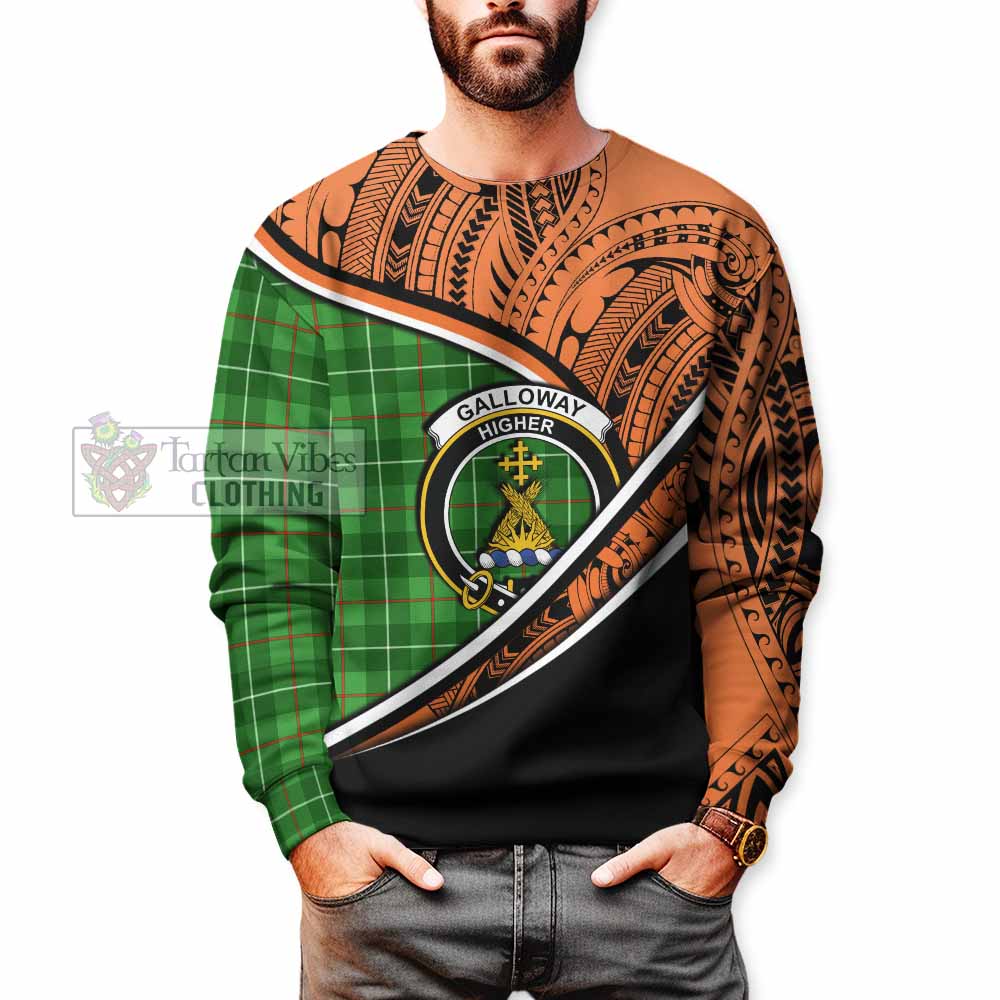 Tartan Vibes Clothing Galloway Crest Tartan Sweatshirt with Maori Tattoo Style - Orange Version