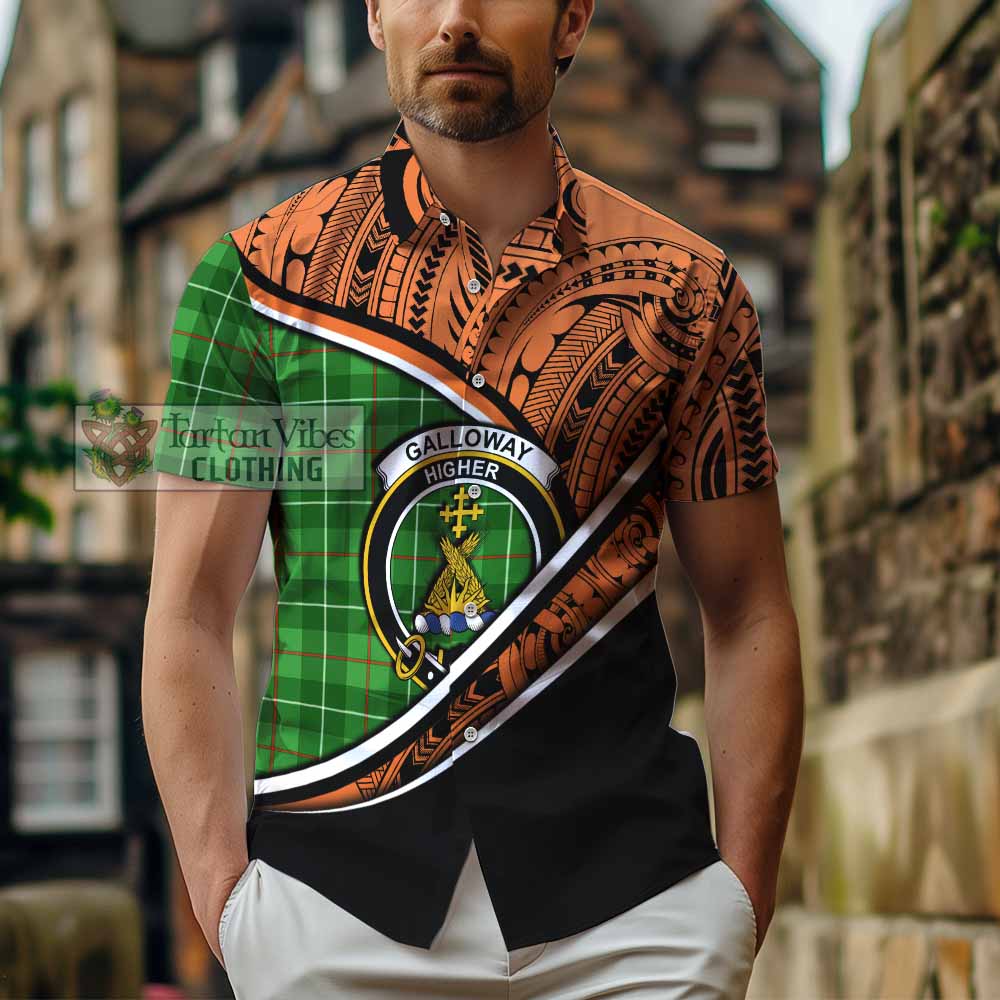 Tartan Vibes Clothing Galloway Crest Tartan Short Sleeve Button Shirt with Maori Tattoo Style - Orange Version