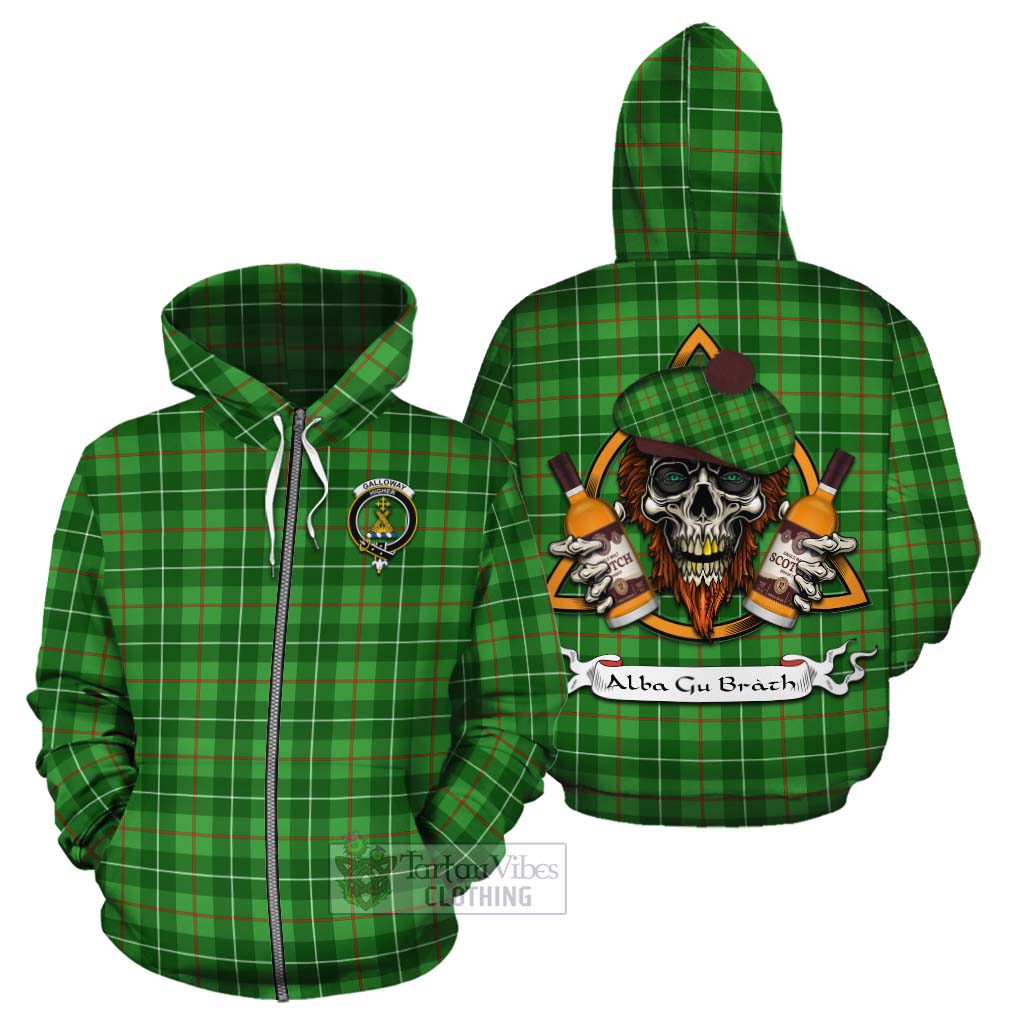 Tartan Vibes Clothing Galloway Tartan Cotton Hoodie with Family Crest and Bearded Skull Holding Bottles of Whiskey