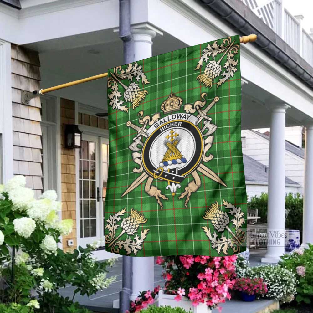 Tartan Vibes Clothing Galloway Tartan Flag with Family Crest and Golden Thistle Crossed Sword Design