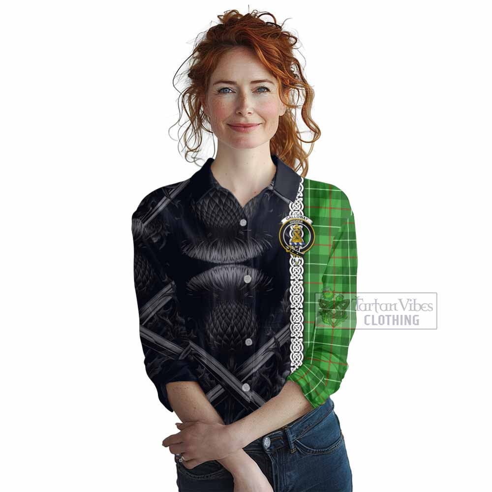 Tartan Vibes Clothing Galloway Tartan Women's Casual Shirt with Family Crest Cross Sword Thistle Celtic Vibes