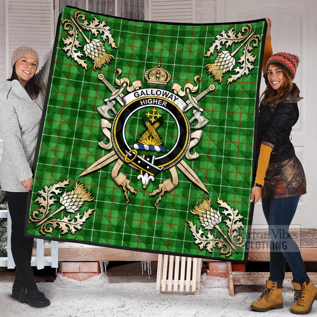 Tartan Vibes Clothing Galloway Tartan Quilt with Family Crest and Scottish Golden Courage Shield