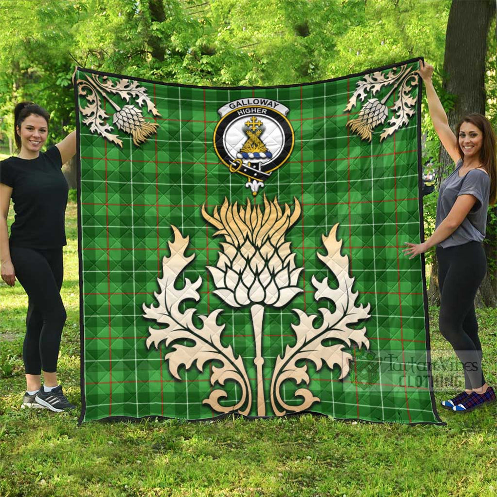 Tartan Vibes Clothing Galloway Tartan Quilt with Family Crest and Golden Thistle Style