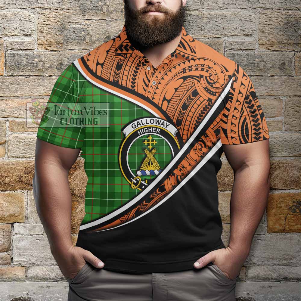 Tartan Vibes Clothing Galloway Crest Tartan Polo Shirt with Maori Tattoo Style - Orange Version