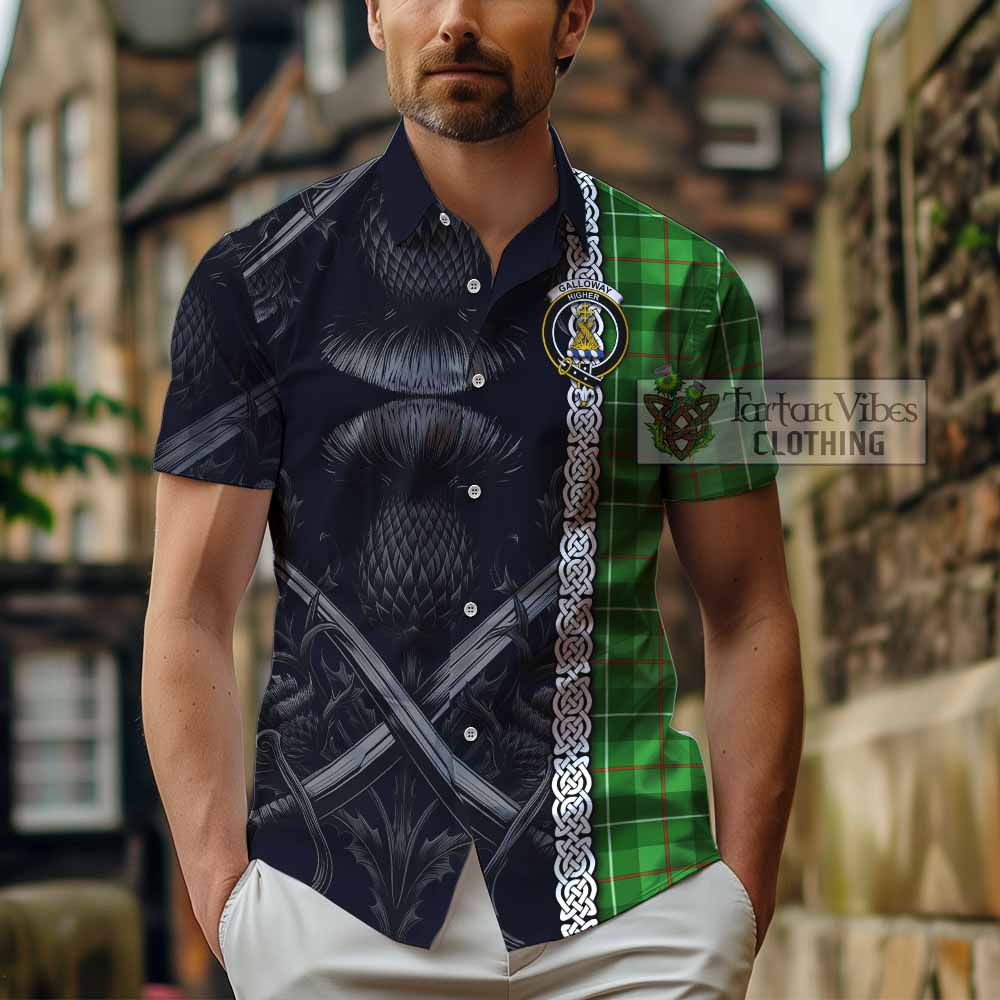 Tartan Vibes Clothing Galloway Tartan Short Sleeve Button Shirt with Family Crest Cross Sword Thistle Celtic Vibes