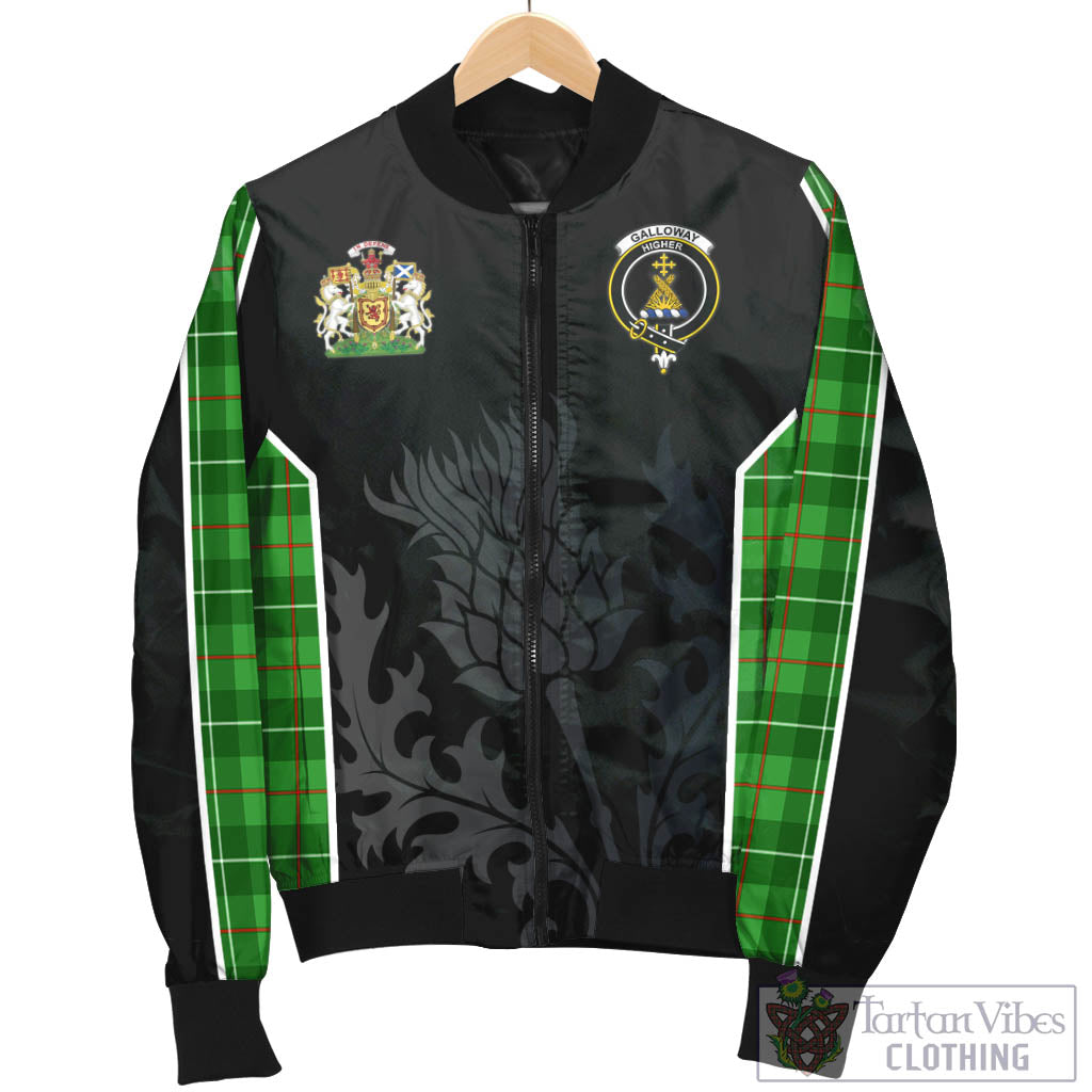 Tartan Vibes Clothing Galloway Tartan Bomber Jacket with Family Crest and Scottish Thistle Vibes Sport Style