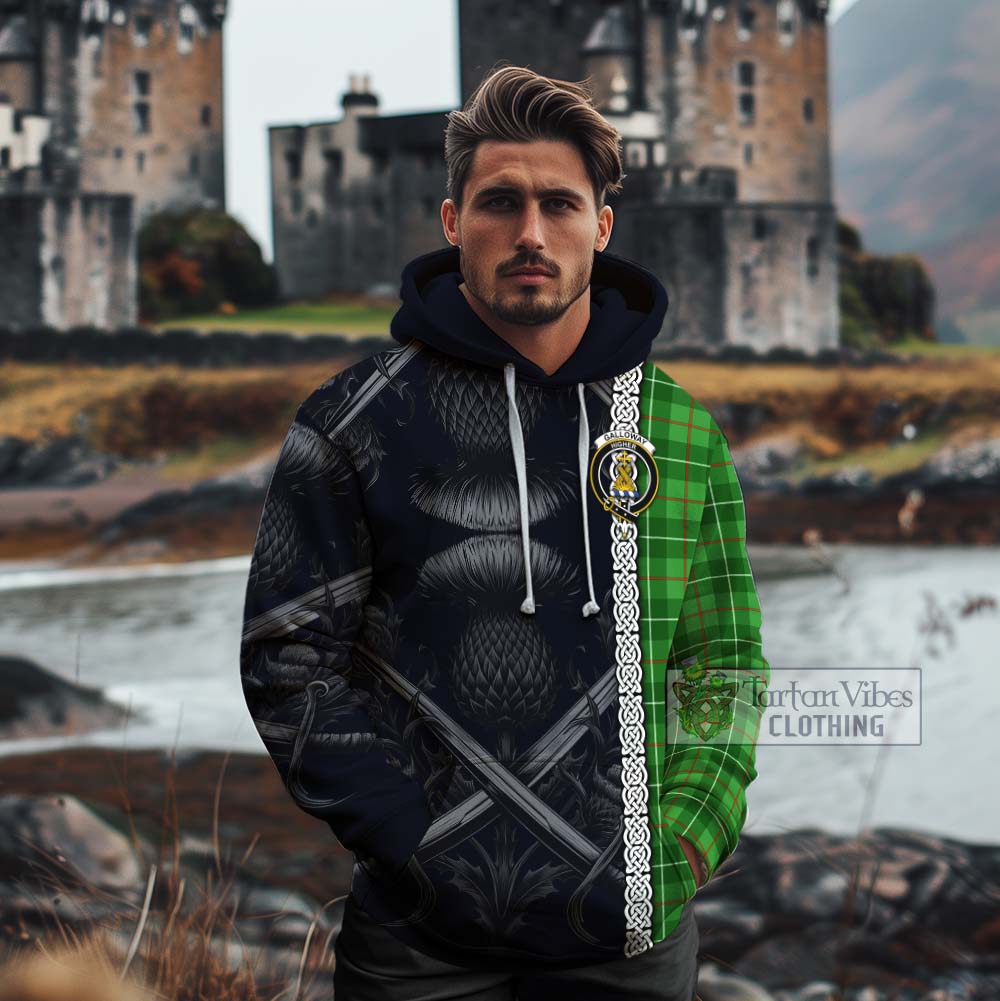 Tartan Vibes Clothing Galloway Tartan Cotton Hoodie with Family Crest Cross Sword Thistle Celtic Vibes