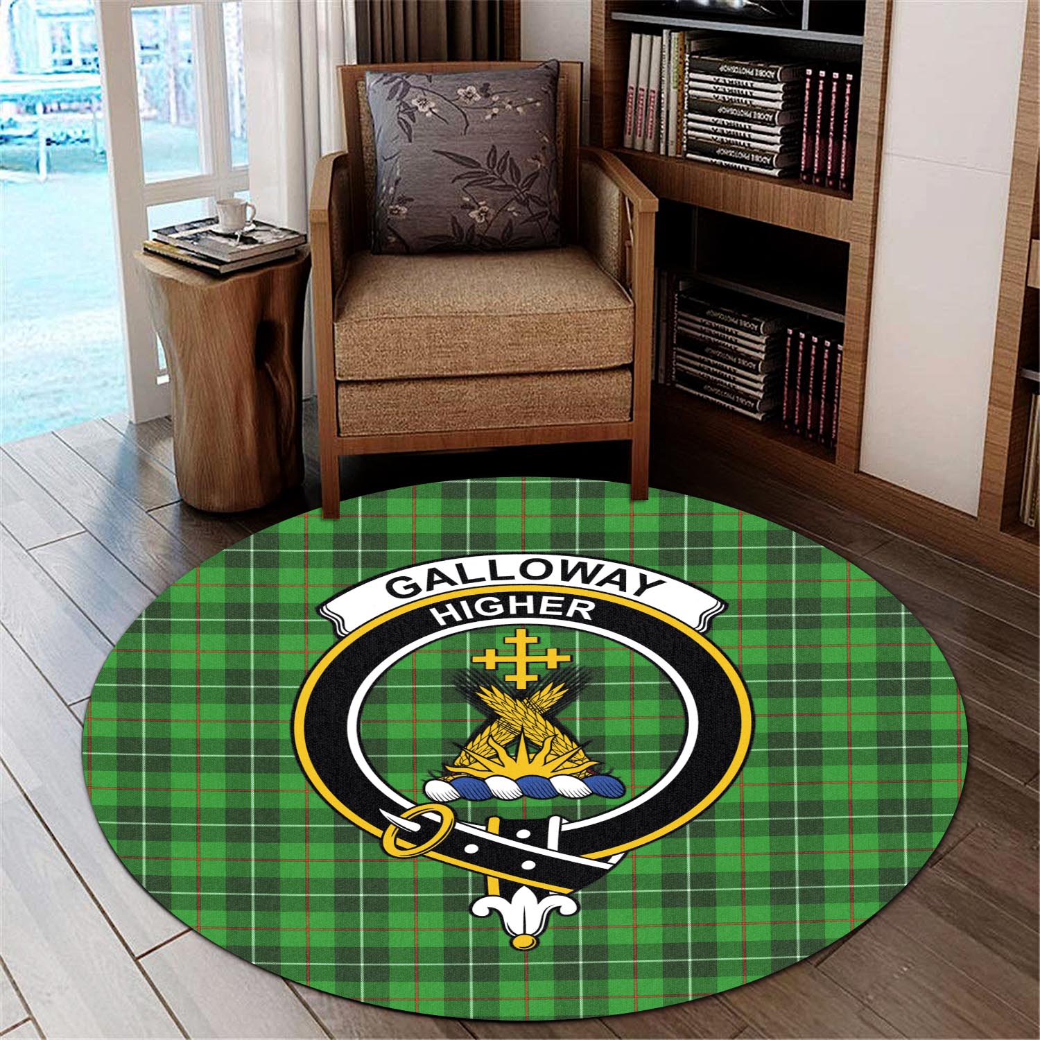 galloway-tartan-round-rug-with-family-crest