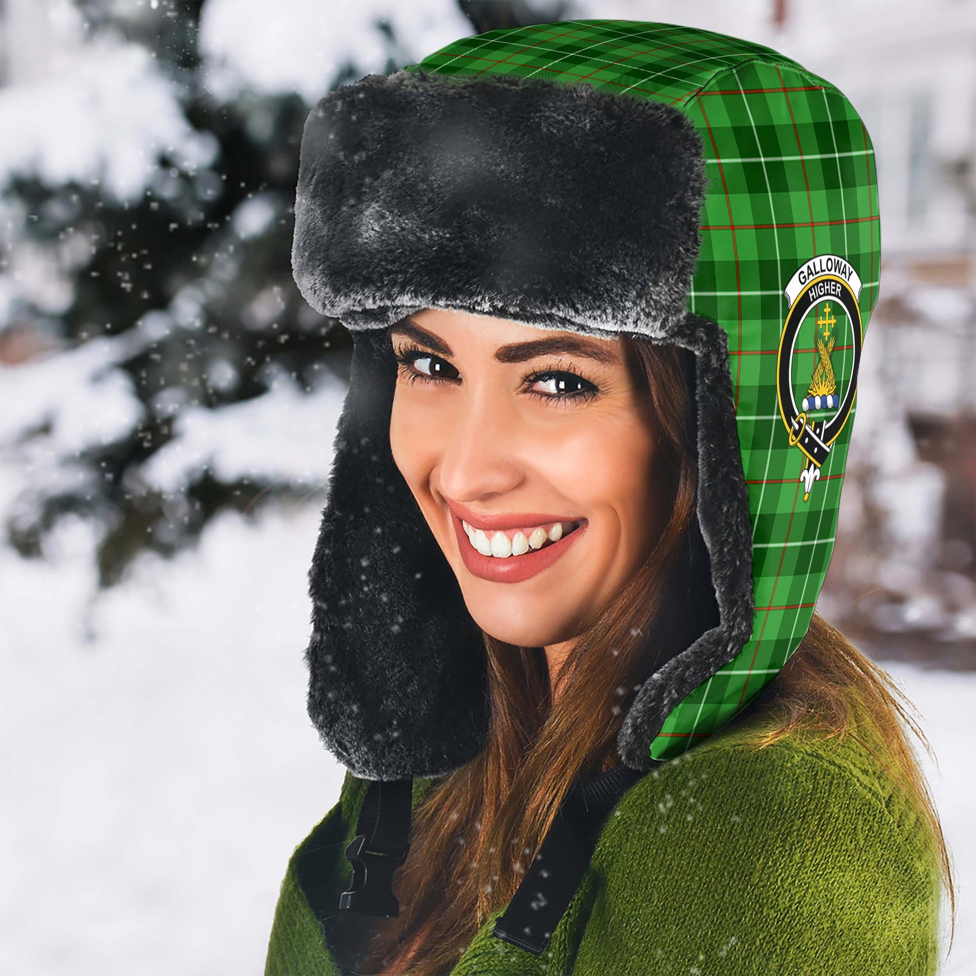 Galloway Tartan Winter Trapper Hat with Family Crest - Tartanvibesclothing