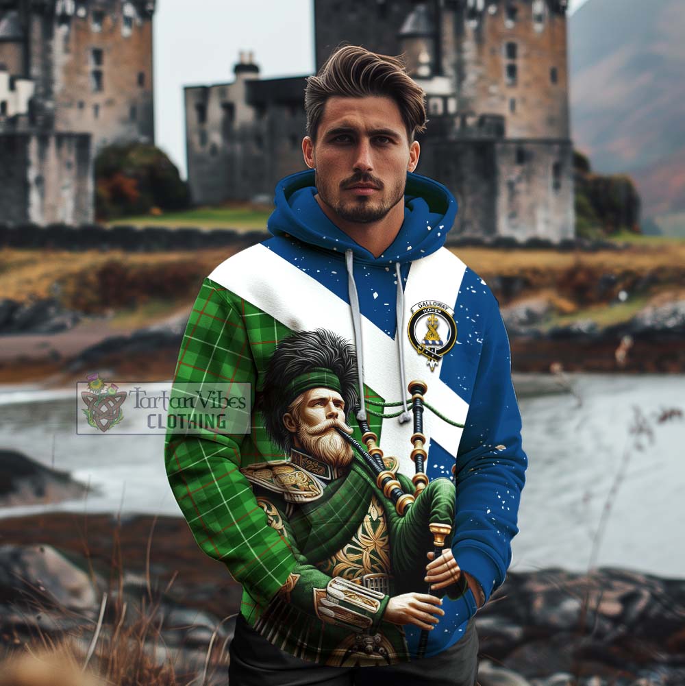 Tartan Vibes Clothing Galloway Tartan Cotton Hoodie with Family Crest Scottish Bagpiper Vibes