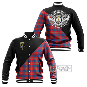 Galloway Red Tartan Baseball Jacket with Family Crest and Military Logo Style