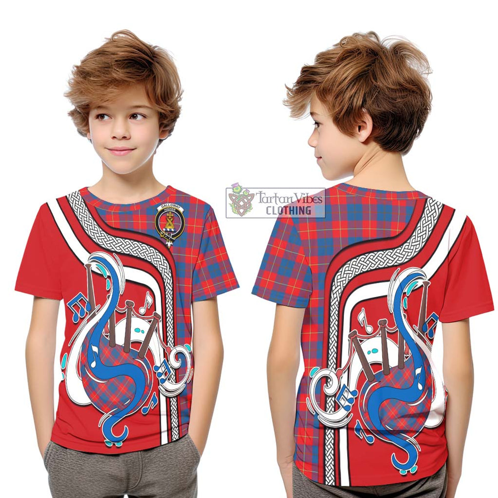 Tartan Vibes Clothing Galloway Red Tartan Kid T-Shirt with Epic Bagpipe Style