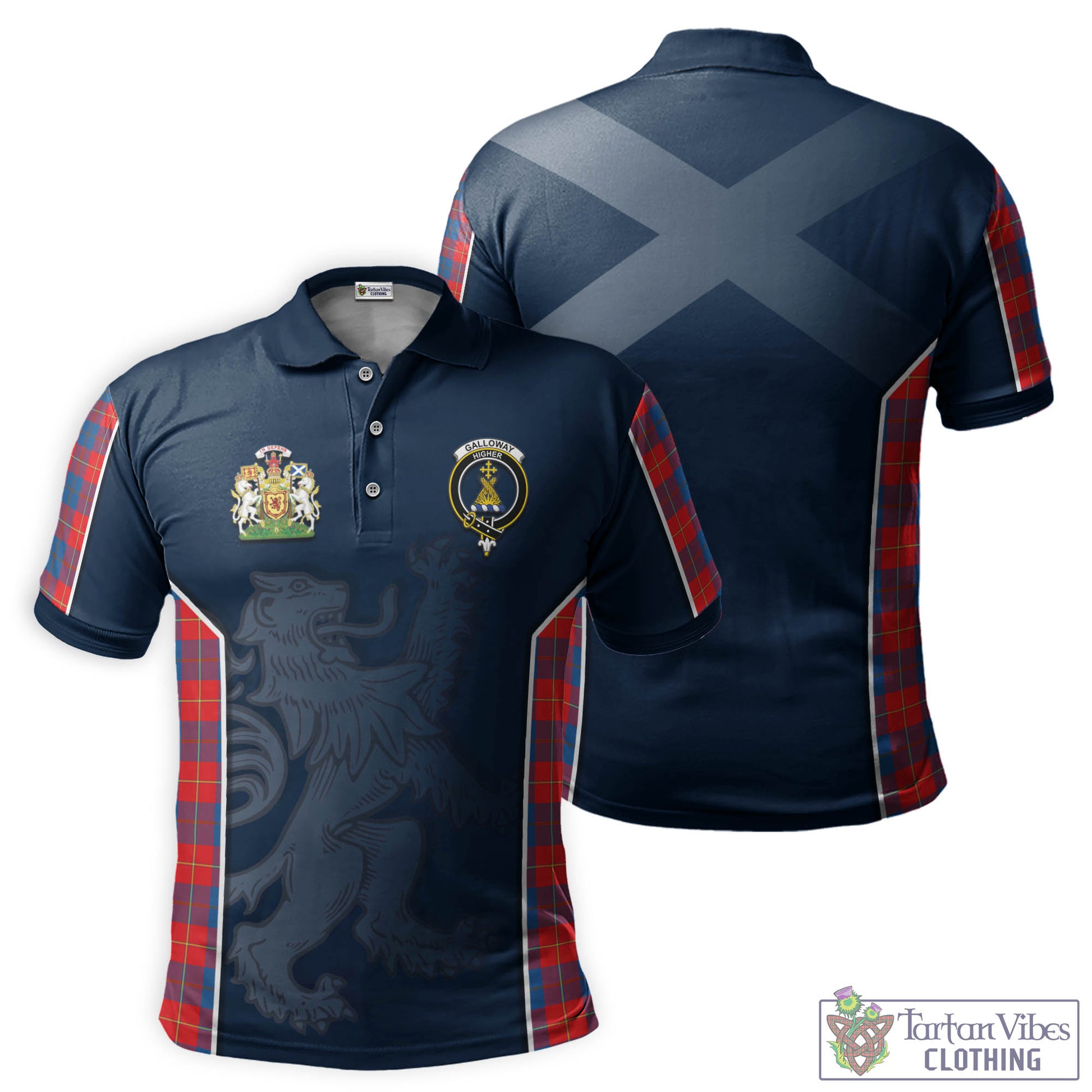 Tartan Vibes Clothing Galloway Red Tartan Men's Polo Shirt with Family Crest and Lion Rampant Vibes Sport Style