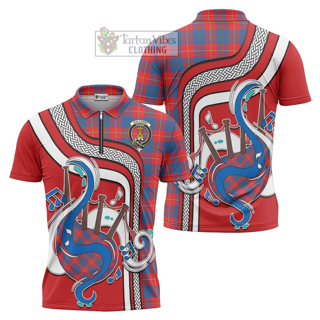 Galloway Red Tartan Zipper Polo Shirt with Epic Bagpipe Style Unisex - Tartanvibesclothing Shop