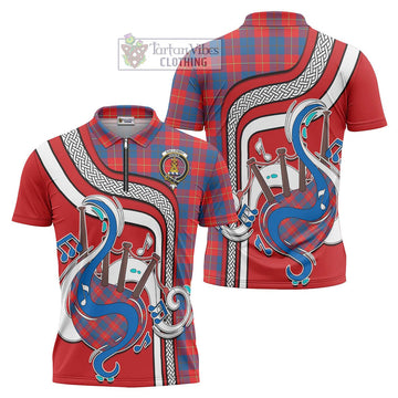 Galloway Red Tartan Zipper Polo Shirt with Epic Bagpipe Style