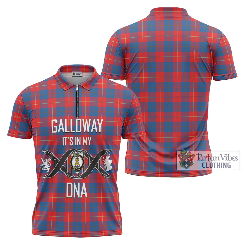 Galloway Red Tartan Zipper Polo Shirt with Family Crest DNA In Me Style Unisex - Tartanvibesclothing Shop