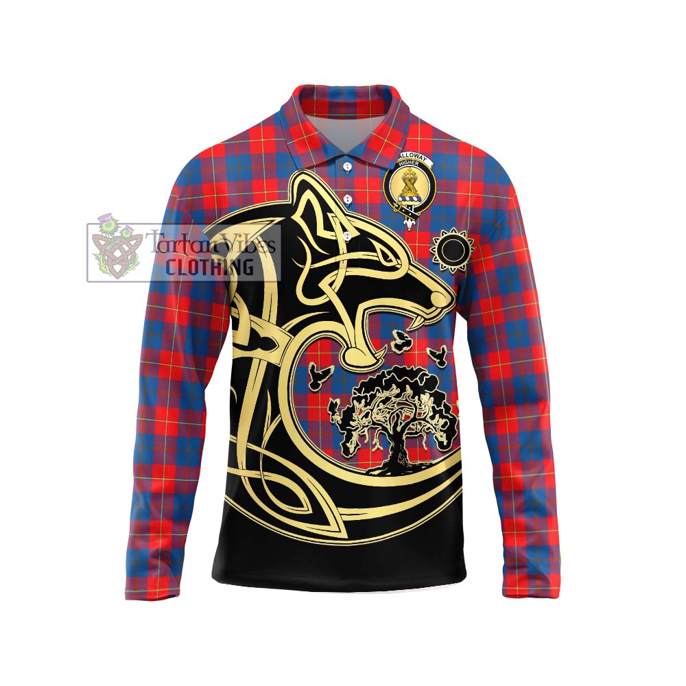 Tartan Vibes Clothing Galloway Red Tartan Long Sleeve Polo Shirt with Family Crest Celtic Wolf Style