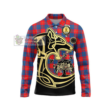 Galloway Red Tartan Long Sleeve Polo Shirt with Family Crest Celtic Wolf Style