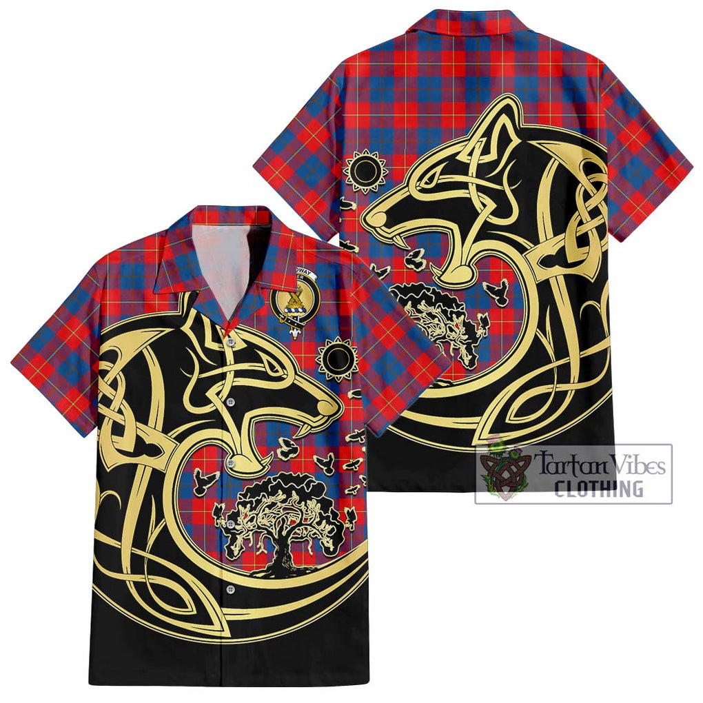 Galloway Red Tartan Short Sleeve Button Shirt with Family Crest Celtic Wolf Style Kid - Tartan Vibes Clothing