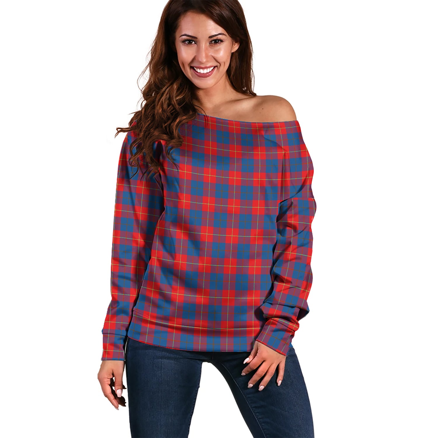 Galloway Red Tartan Off Shoulder Women Sweater Women - Tartanvibesclothing