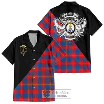 Galloway Red Tartan Short Sleeve Button Shirt with Family Crest and Military Logo Style